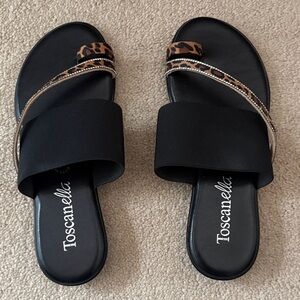 Toscanella Black Slip-On Mules with Leopard Accent